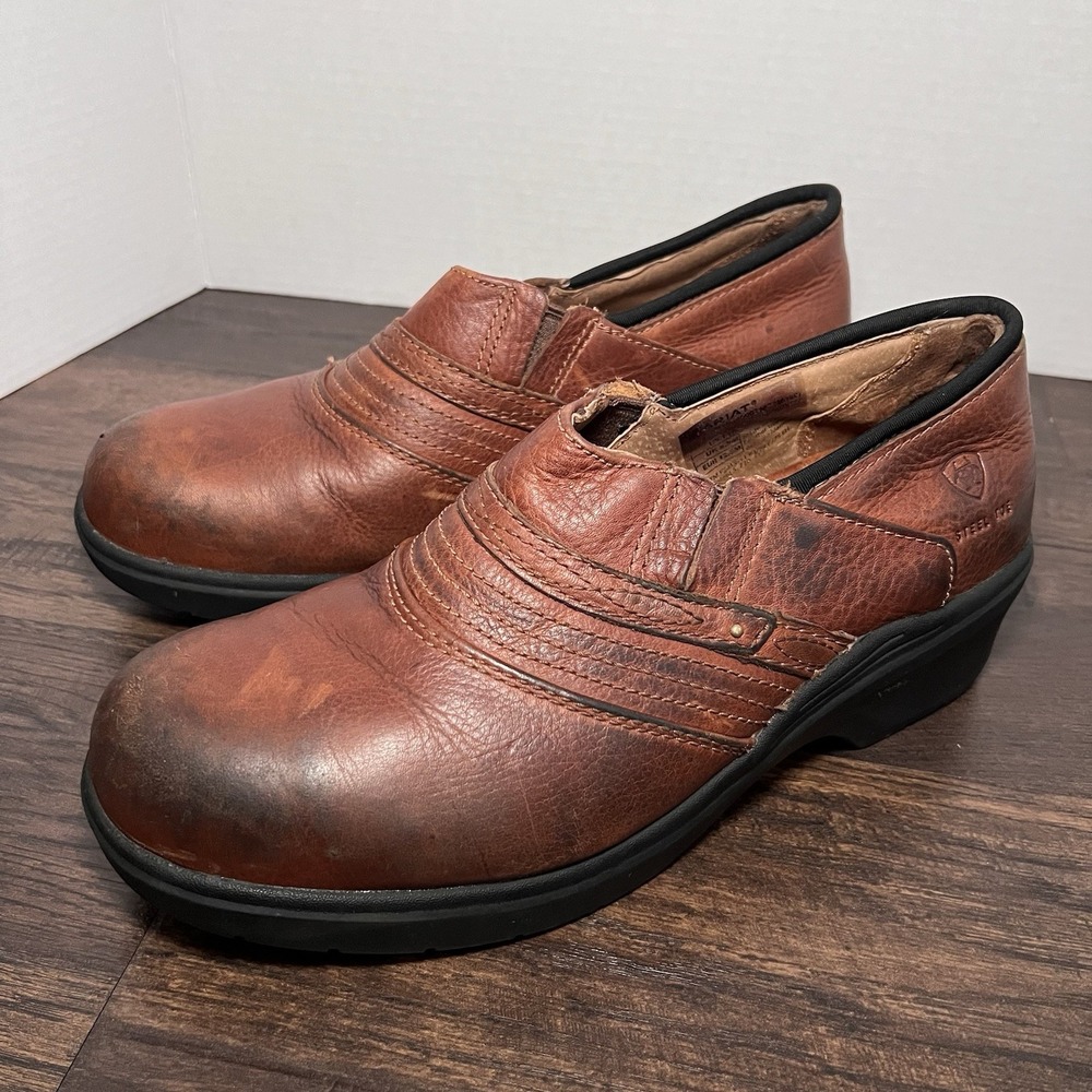 Ariat Womens 11 Brown Oiled Leather Safety Steel Toe‎ Clogs Western Slip On Work